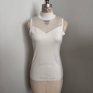 NWT Tahari Ivory Ribbed Knit Sheer Mesh Yoke Sleeveless Top Size Large